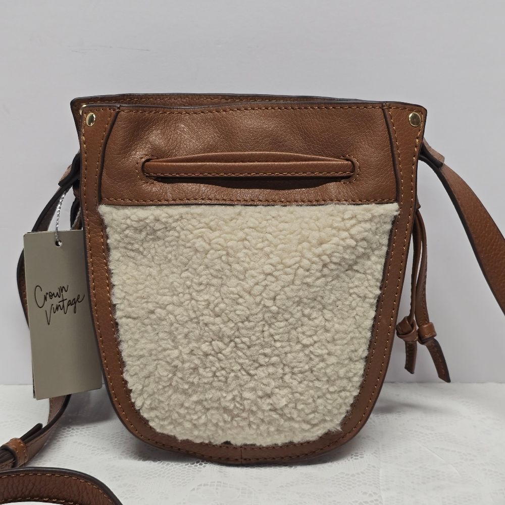 Crown Vintage Genuine Tan Leather Sherpa Drawstring Bucket Crossbody Bag NWT